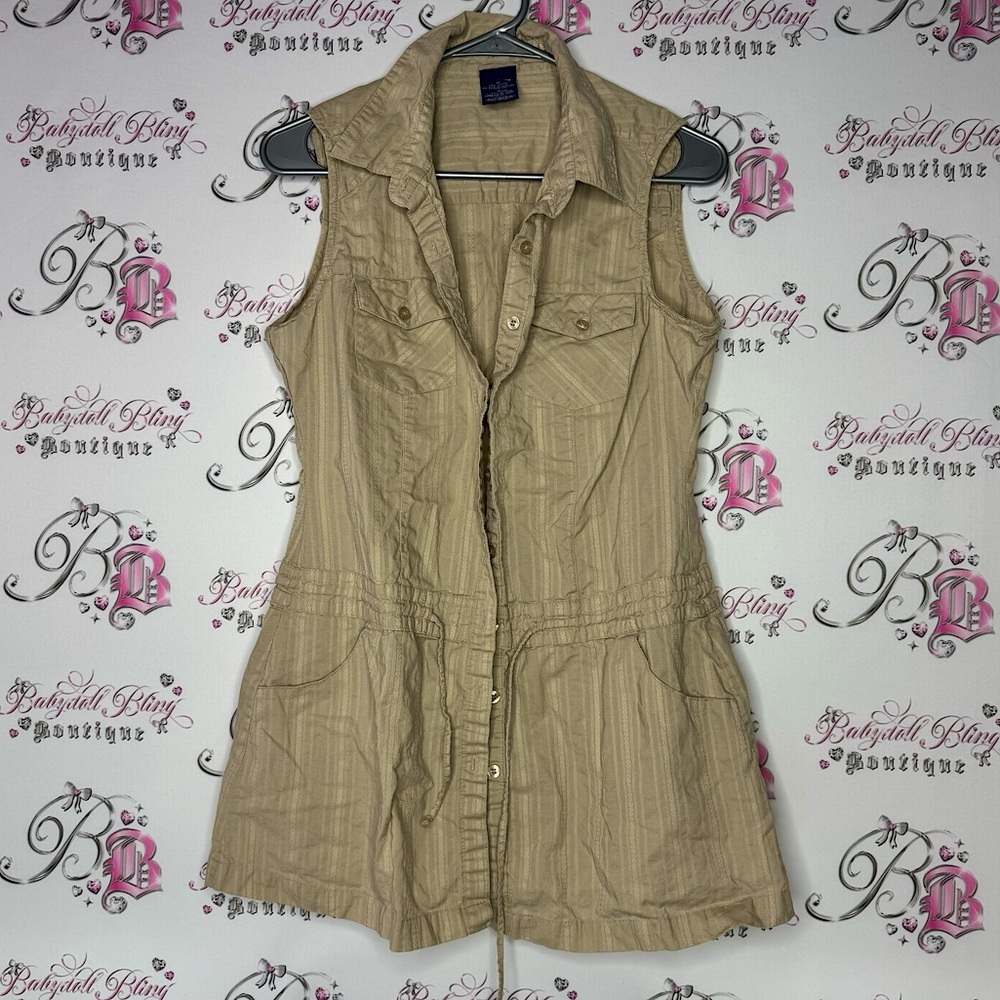 Bum equipment dress cargo beige tan button up waist tie cinch y2k retro
